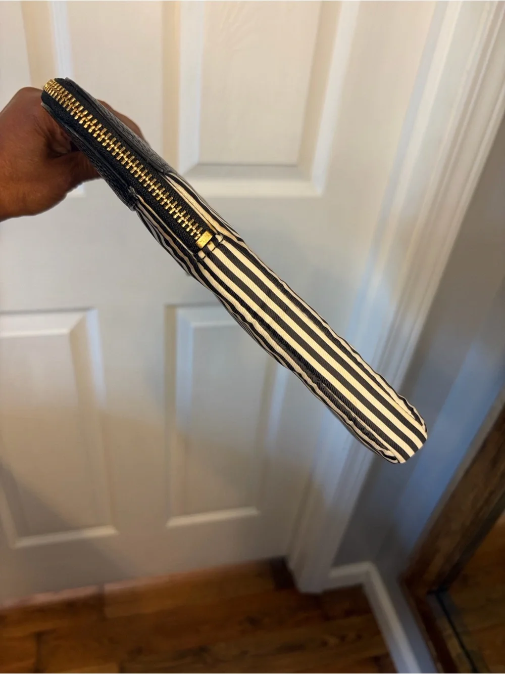 kate spade Black and White Vertical Stripe Laptop Sleeve with Gold Logo